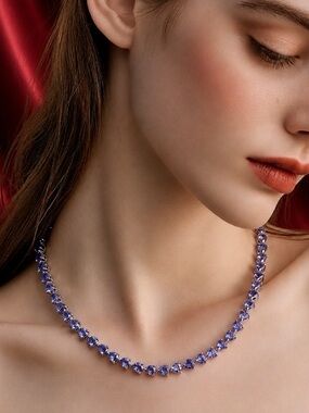 AAA Tanzanite Pear-Shaped Gemstone Tennis Necklace. Rhodium over S925. BRAND NEW